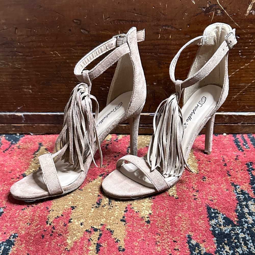 Breckelles Taupe Fringe Heels